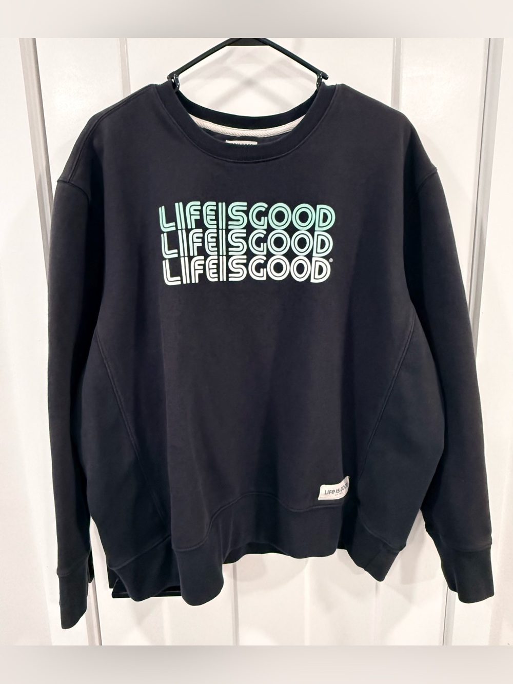 Life Is Good Black Crewneck Sweatshirt with Teal & White Graphic